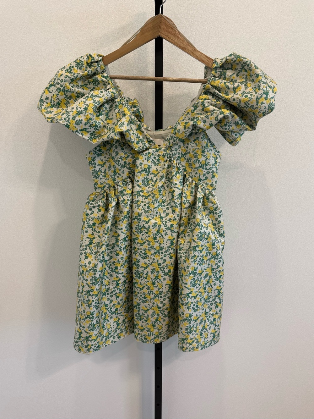 Klesis Yellow & Green Floral Puff-Sleeve Mini Dress Party Event Wedding Guest Sm